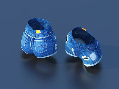 Upcycled Denim Jeans Inspired Slippers With Distressed Design Pocket Details And Yellow Label 3d model