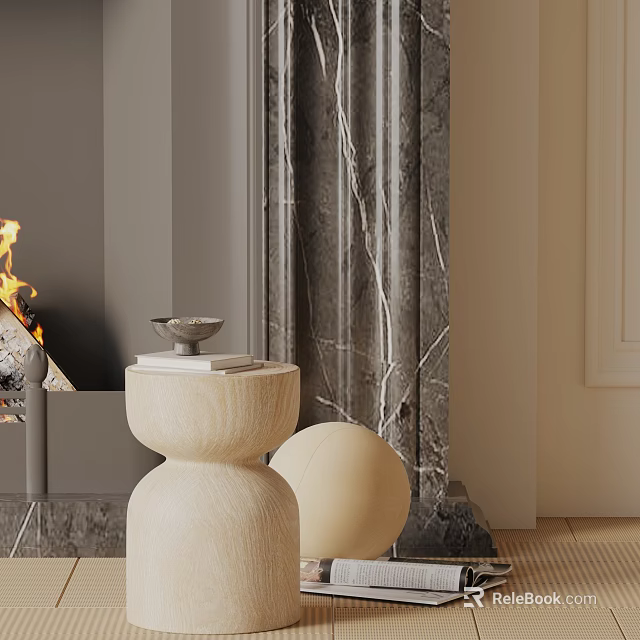 Light Side Table With Small Bowl Books And Sphere By Fireplace Flames And Marble Wall 3d model 