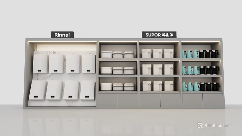 Rinnai and SUPOR Kitchen Appliances Display with Various Models and Colors on Shelves 3d model 
