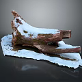 Natural Scene With Weathered Log Covered In Snow And Green Moss