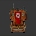 Decorative Red Carriage With Blue Green Roof Wooden Wheels Small Chimney And Cartoon Artwork