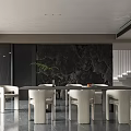 Modern Restaurant Dining Area With Round Table White Chairs Dark Wall And Green Plants