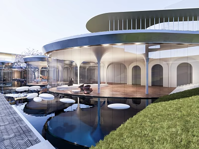 Modern Sales Office Building Featuring Glass Curtain Wall Curved Roof Water Pool And Green Lawn 3d model
