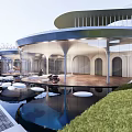 Modern Sales Office Building Featuring Glass Curtain Wall Curved Roof Water Pool And Green Lawn 3d model