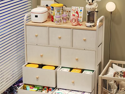 White Storage Cabinet With Drawers Containers Glass Jars Coffee Maker And Open Storage Boxes 3d model