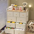 White Storage Cabinet With Drawers Containers Glass Jars Coffee Maker And Open Storage Boxes