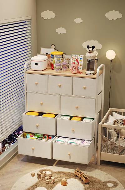 White Storage Cabinet With Drawers Containers Glass Jars Coffee Maker And Open Storage Boxes 3d model
