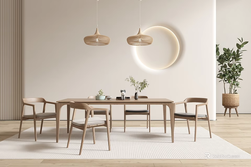 Modern Wooden Dining Table Set With Chairs Pendant Lights And Round Wall Decor 3d model 