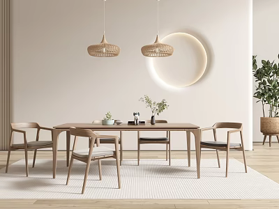 Modern Wooden Dining Table Set With Chairs Pendant Lights And Round Wall Decor 3d model
