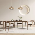Modern Wooden Dining Table Set With Chairs Pendant Lights And Round Wall Decor