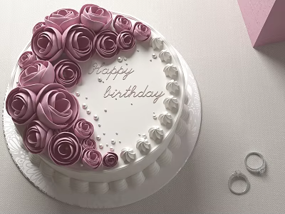Pink Rose Decorated Birthday Cake With White Cream And Happy Birthday Message 3d model