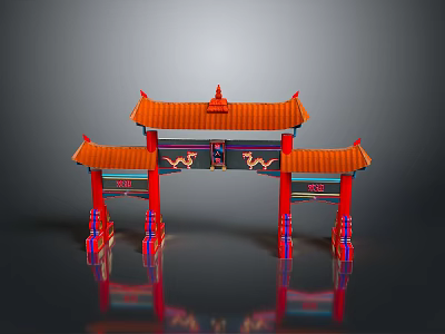 Scenic Red Chinese Style Archway With Three Archways Orange Eaves And Reflections 3d model