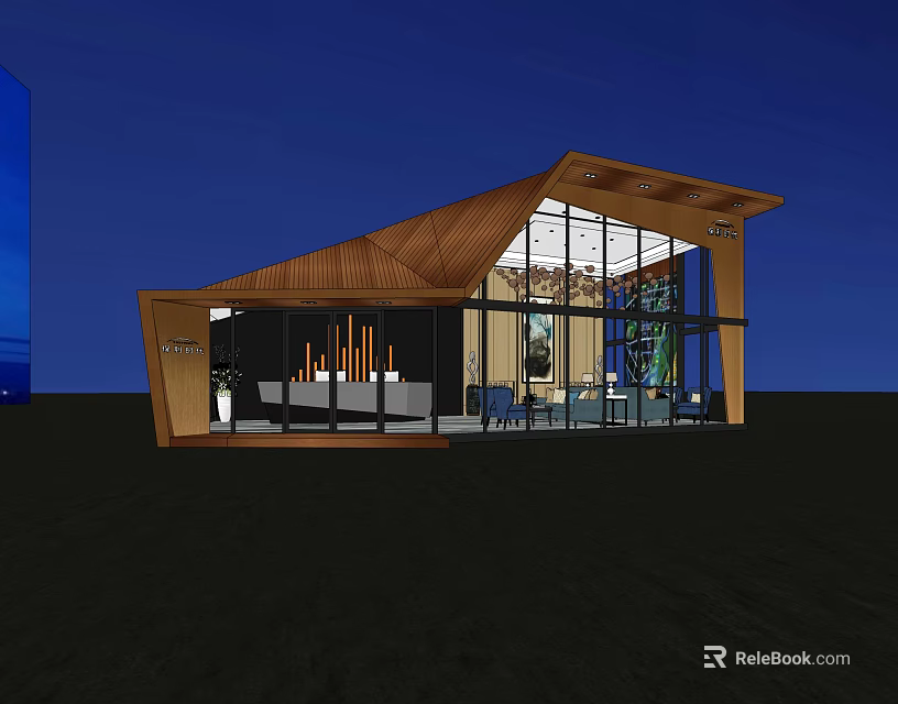 Modern Sales Office Architectural Design With Wooden Structure And Large Glass Windows 3d model 