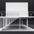 Modern Two Story Exhibition Space With Glass Railing Digital Screen And Staircase Under Column Platform