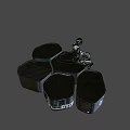 Black Geometric Stools With White Logos Featuring Robots Standing And Sitting 3d model