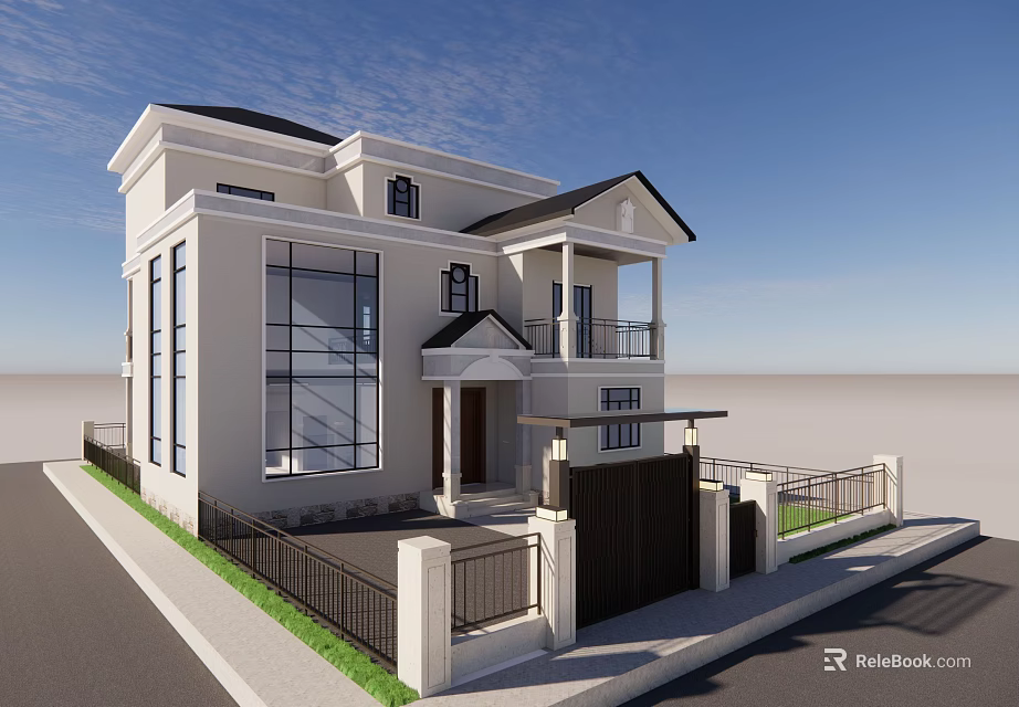 Modern Detached Villa With White Exterior Large Windows Balcony And Black Fence 3d model 