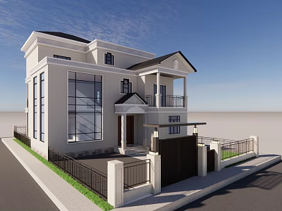 Modern Detached Villa With White Exterior Large Windows Balcony And Black Fence 3d model