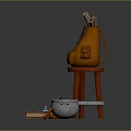 Colorful Daily Living Supplies Including Orange Backpack Red Stool And Metal Pot