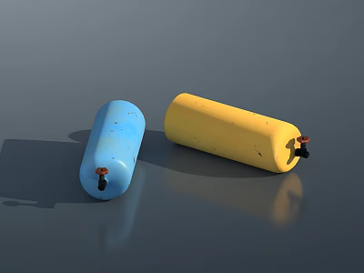 Blue and Yellow Cylindrical Industrial Storage Cylinders with Metal Valves 3d model