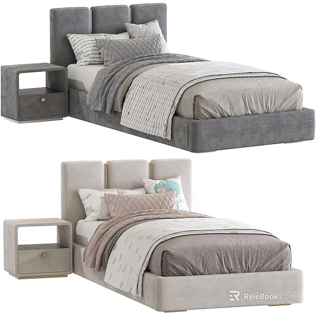 Modern Single Bed with Upholstered Headboard Nightstand Soft Bedspread and Decorative Pillows 3d model