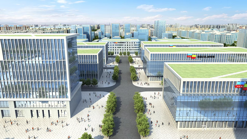Modern Industrial Factory Complex With Glass Curtain Walls Green Roofs And Tree Lined Pathways 3d model 