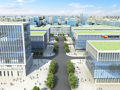 Modern Industrial Factory Complex With Glass Curtain Walls Green Roofs And Tree Lined Pathways 3d model
