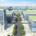 Modern Industrial Factory Complex With Glass Curtain Walls Green Roofs And Tree Lined Pathways