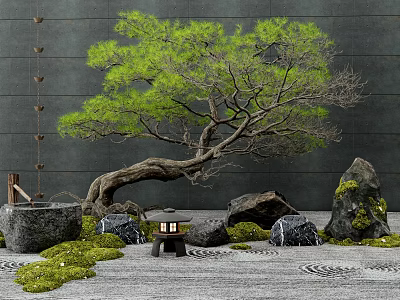 Karesansui Garden With Curved Pine Tree Rocks Moss Stone Lantern And Gray Wall 3d model