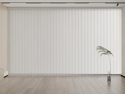 White Vertical Blinds Covering Window In Modern Room With Wooden Floor And Green Plant 3d model