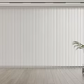 White Vertical Blinds Covering Window In Modern Room With Wooden Floor And Green Plant