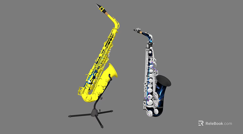 Colorful Musical Instruments And Art Supplies Featuring Yellow And Blue Saxophones On Stands 3d model 