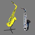 Colorful Musical Instruments And Art Supplies Featuring Yellow And Blue Saxophones On Stands