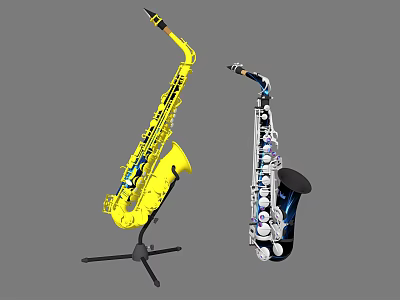 Colorful Musical Instruments And Art Supplies Featuring Yellow And Blue Saxophones On Stands 3d model