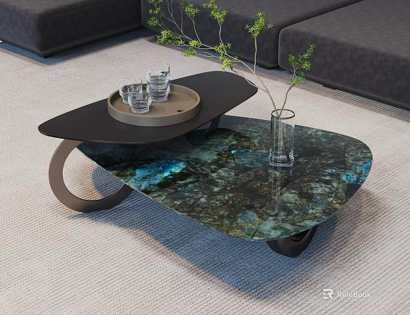 Modern Coffee Table With Blue Marble Top Black Tray Glasses Green Plant And Gray Sofa 3d model 