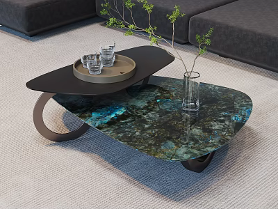 Modern Coffee Table With Blue Marble Top Black Tray Glasses Green Plant And Gray Sofa 3d model