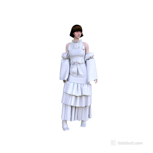 Elegant Woman In White Ruffled Dress With High Neck And Loose Sleeves 3d model 