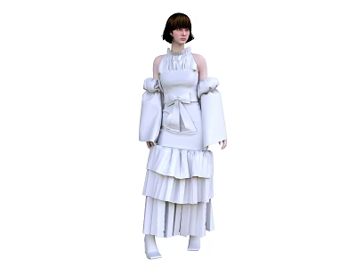 Elegant Woman In White Ruffled Dress With High Neck And Loose Sleeves 3d model