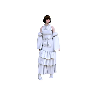 Elegant Woman In White Ruffled Dress With High Neck And Loose Sleeves 3d model
