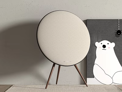 Modern Round Beige Wireless Speaker with Wooden Stand and Polar Bear Painting 3d model