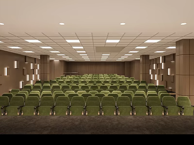 Spacious Auditorium Interior With Green Seats Wooden Walls And Ceiling Lights 3d model