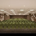 Spacious Auditorium Interior With Green Seats Wooden Walls And Ceiling Lights