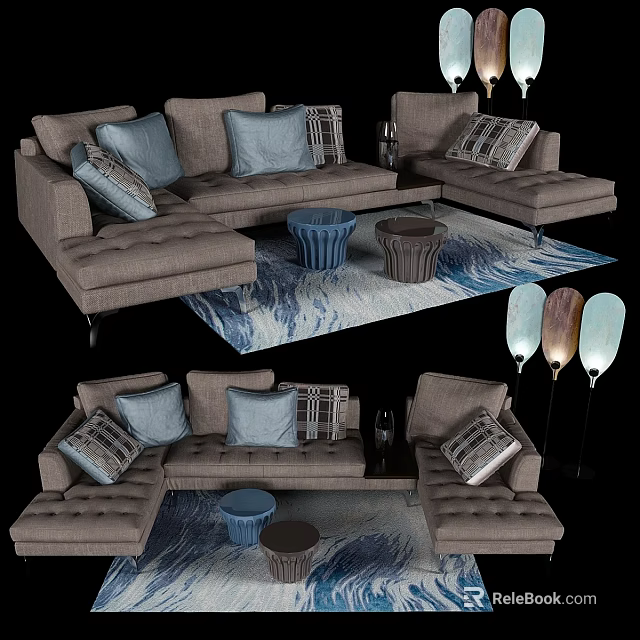 Modern Double Sofa Setup With Decorative Pillows Patterned Rug Coffee Tables And Lamps 3d model