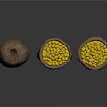 Three Burlap Sacks Two Open One Closed Filled With Yellow Food Grains On Dark Surface