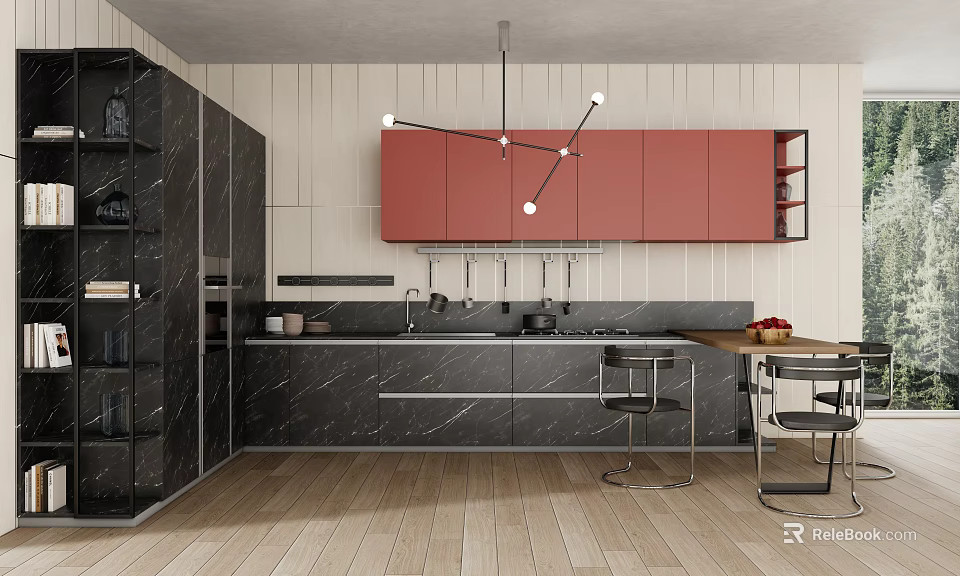 Modern Kitchen Interior Featuring Red And Black Cabinets Marble Countertop Pendant Light And Bar Stools 3d model 