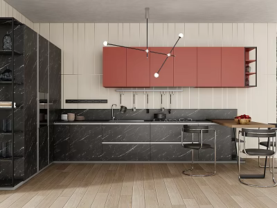 Modern Kitchen Interior Featuring Red And Black Cabinets Marble Countertop Pendant Light And Bar Stools 3d model