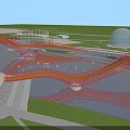 Modern Curved Red Steel Structure Bridge Spanning Water With Green Areas And Domed Building