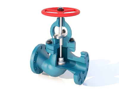 Blue Industrial Valve With Red Wheel And Flanged Connection For Manual Control System 3d model