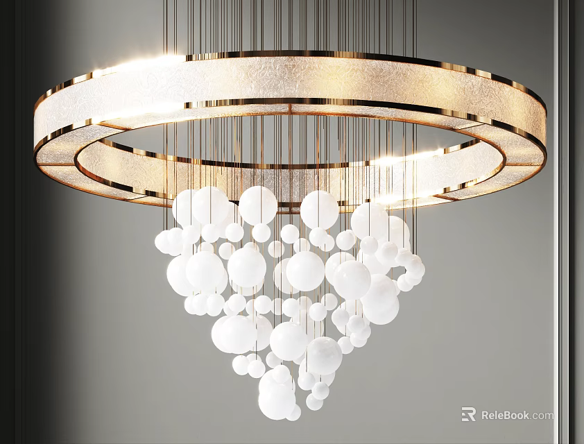 Elegant Modern Circular Chandelier With White Spherical Pendants And Illuminated Frame 3d model 