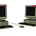 Old Desktop Computers with CRT Monitors Keyboards Mice and Red Blue Stickers on Screens