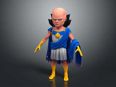 Animated Bald Character With Blue Cape Gray Tunic Golden Medallion Yellow Gloves And Black Wings 3d model
